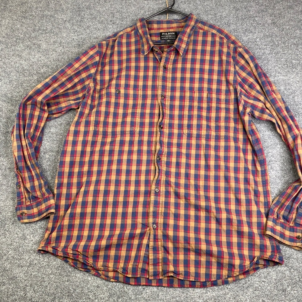 Filson Mens XXXL Plaid Button Down Shirt Brown Red Blue Long Sleeve Cotton XXX-L